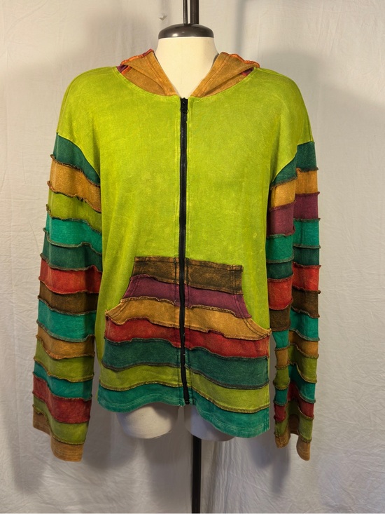 Rising International Tops - Rising International XL Nepal Hooded Patchwork Striped Zip Hoodie Boho Hippie